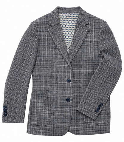 Gray checkered blazer with a patterned shirt underneath on a white background