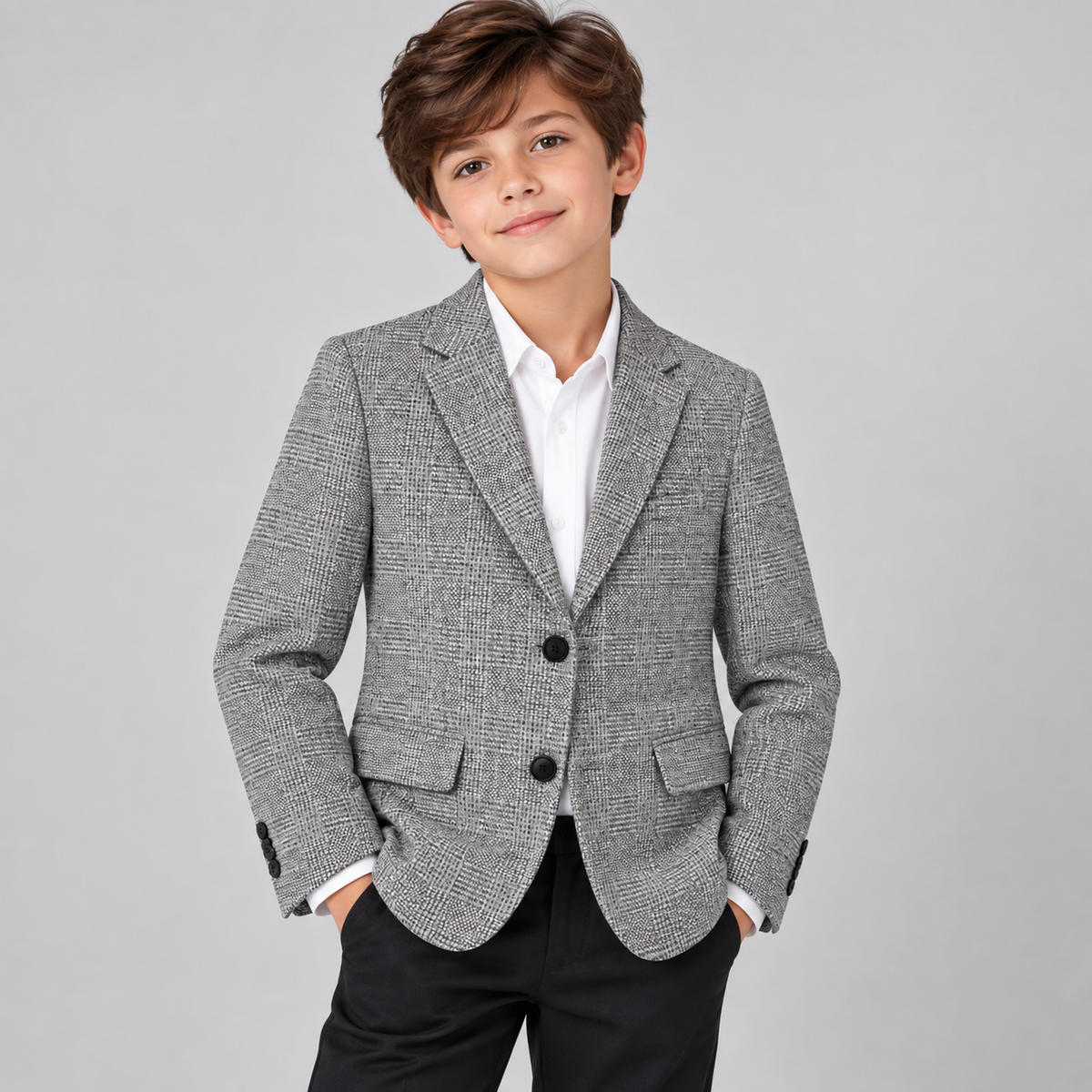 Boys’ Grey Woven Textured Check Blazer