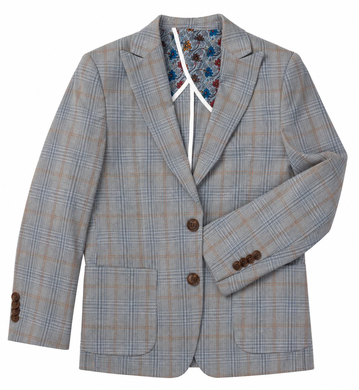 Plaid blazer with brown buttons on a white background