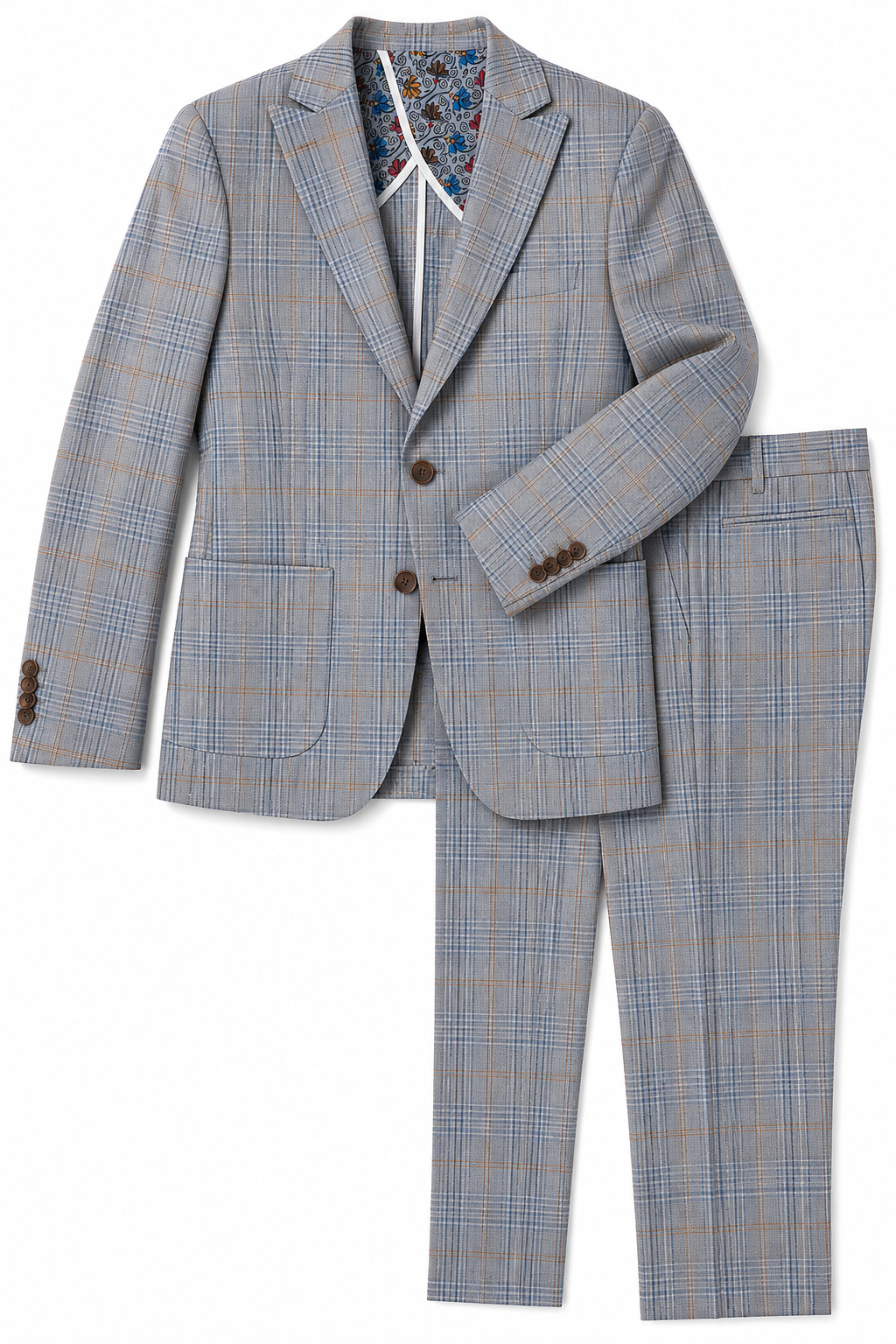 Plaid suit jacket and pants on a white background