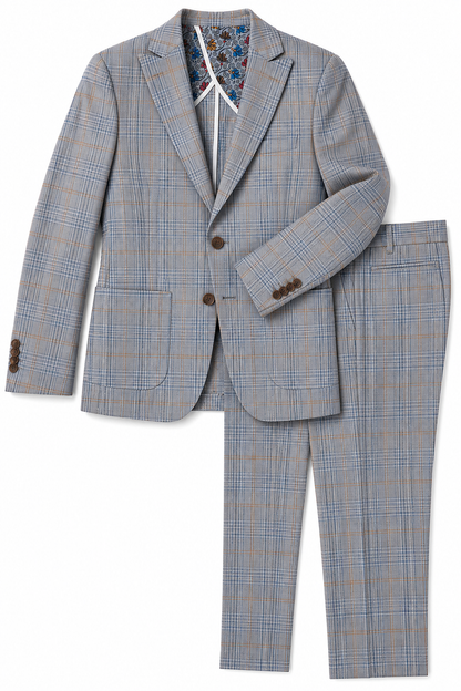 Plaid suit jacket and pants on a white background