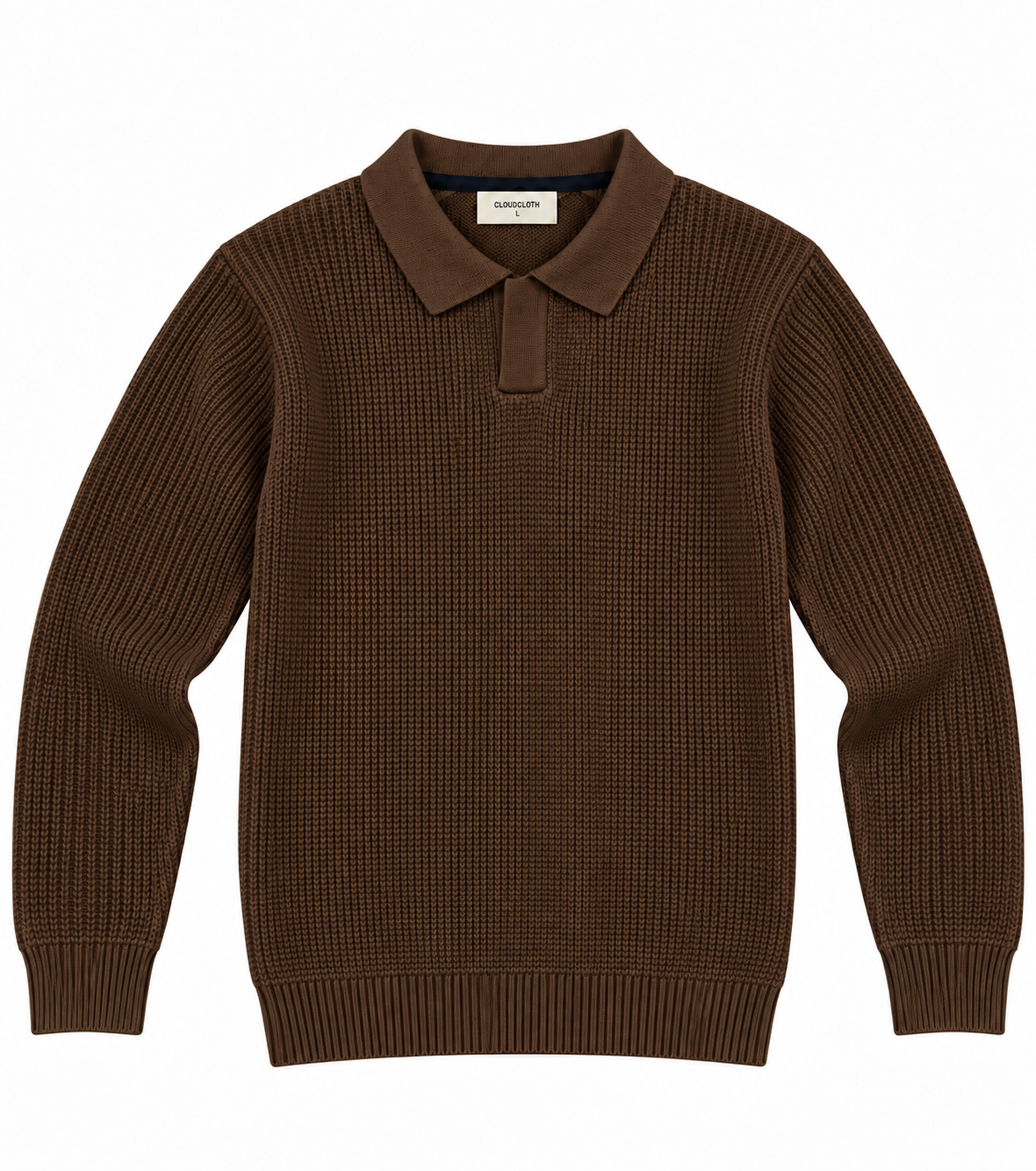 A dark brown ribbed knit polo sweater with a matching collar, shown flat against a solid white background. The brand label inside the collar reads 'Larimar'.