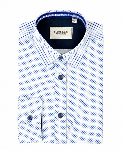 White dress shirt with blue pattern and buttons, branded 'Cloudcloth', on a white background
