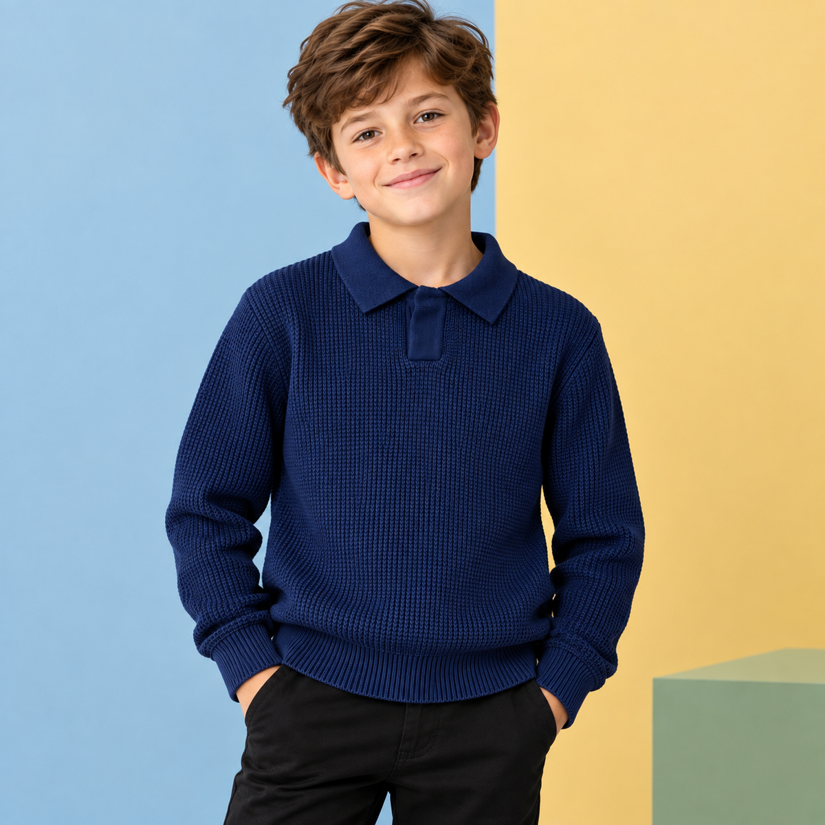 A young boy with brown hair smiling, wearing a navy blue ribbed knit polo sweater and black pants, standing against a split blue and yellow background.