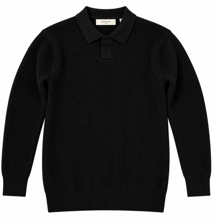 A black long-sleeve knit polo sweater with a textured waffle pattern, shown flat against a plain white background.