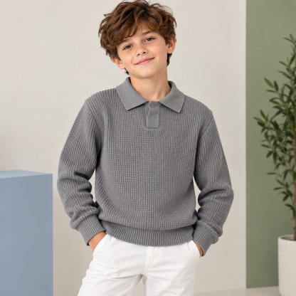 Boys Long Sleeve Knit Waffle Sweater-Gray