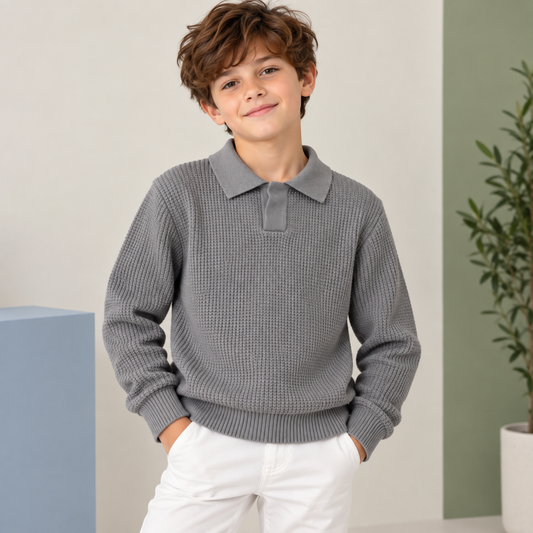Boys Long Sleeve Knit Waffle Sweater-Gray