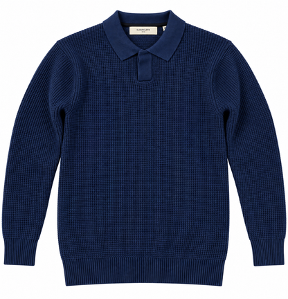 A navy blue long-sleeve knit polo sweater with a textured waffle pattern, shown flat against a white background.