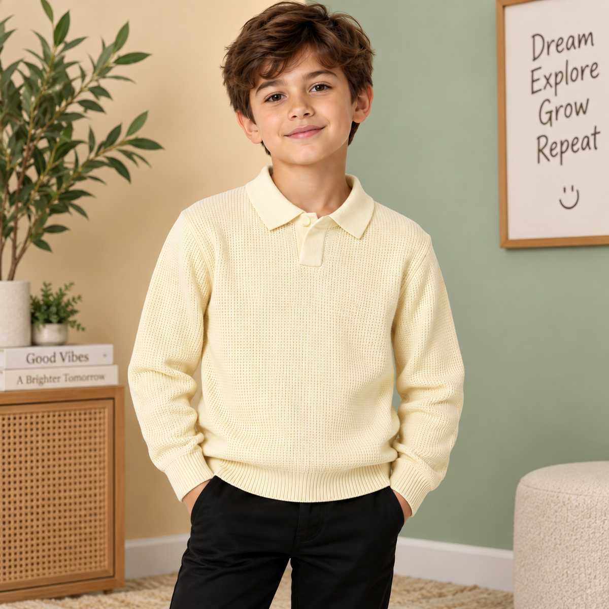 A young boy wearing a cream-colored waffle-knit polo sweater and black pants, standing in a styled room with a green wall, framed motivational quote, and a wooden side cabinet.