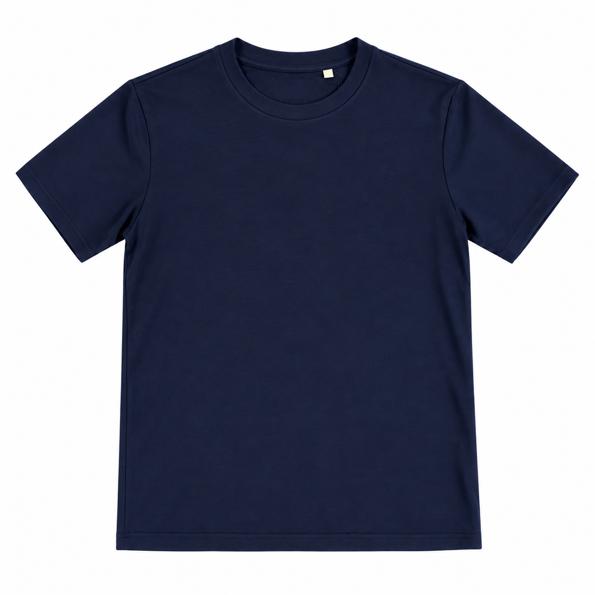 A classic short-sleeve crewneck t-shirt in solid navy blue, presented flat against a clean white background.