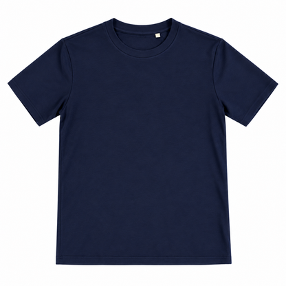 A classic short-sleeve crewneck t-shirt in solid navy blue, presented flat against a clean white background.