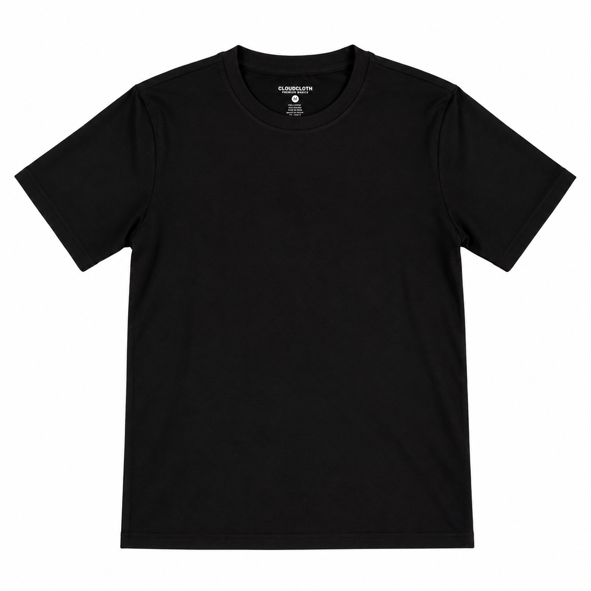 A black short-sleeve crewneck t-shirt laid flat against a solid white background, with the brand name 'COLUMBINE' visible on the inner neck label.