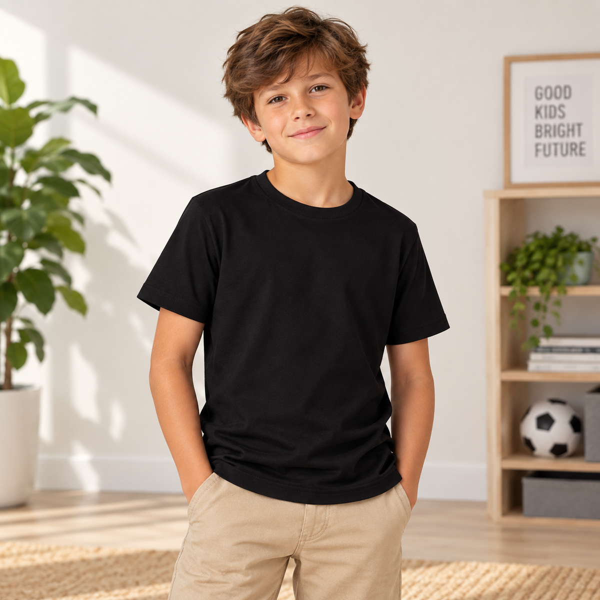 A young boy with brown hair stands in a brightly lit room wearing a plain black short-sleeve crewneck t-shirt and khaki pants. The background features a white wall, a potted green plant on the left, and a wooden bookshelf on the right with a soccer ball and framed art.