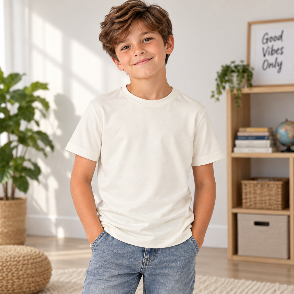 A young boy with brown hair smiling and looking to the side, wearing a plain off-white short-sleeve crewneck t-shirt and light blue jeans, standing in a bright, modern room with a wooden bookshelf and potted plants.