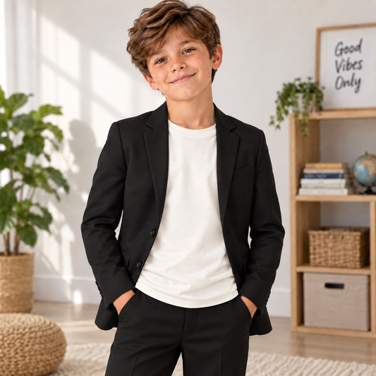A young boy wearing a black boys blazer over a white t-shirt and black pants, standing in a bright, modern room with a bookshelf and potted plants.
