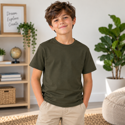 A young boy with brown hair smiling, wearing an olive green crewneck t-shirt and khaki pants, standing in a bright, modern room with a bookshelf and potted plants.