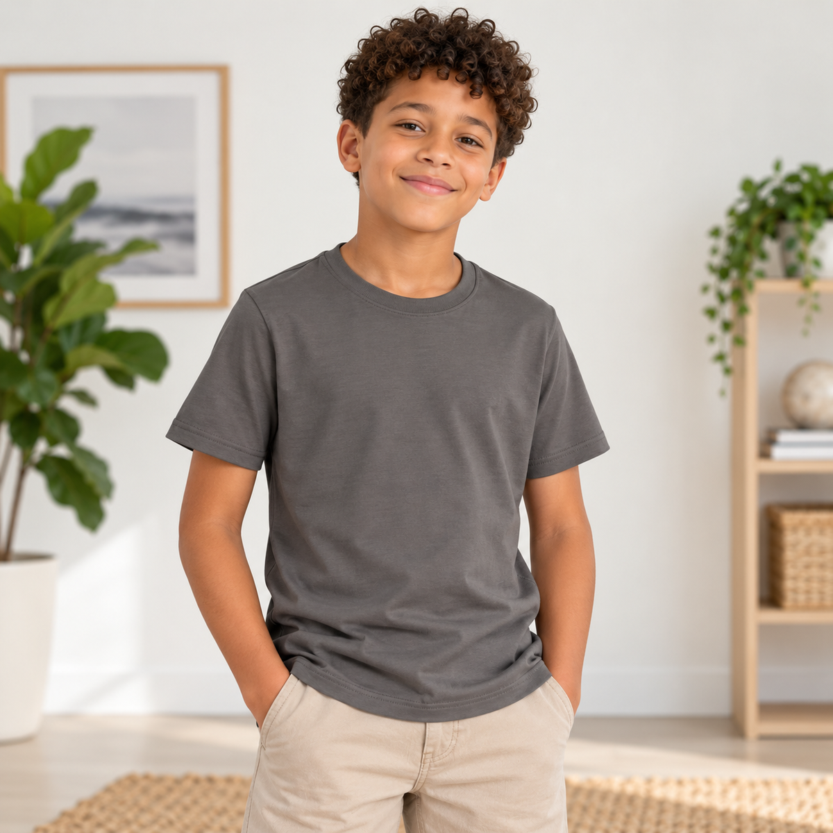 A smiling young boy with curly brown hair wearing a dark gray crewneck t-shirt and beige pants, standing in a bright, modern room with indoor plants and a wooden shelf.