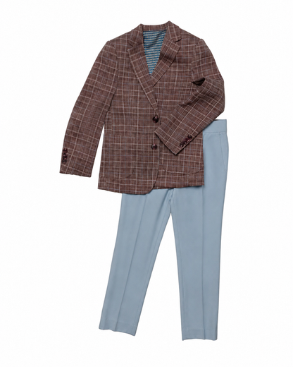 Plaid blazer and light blue pants on a white background