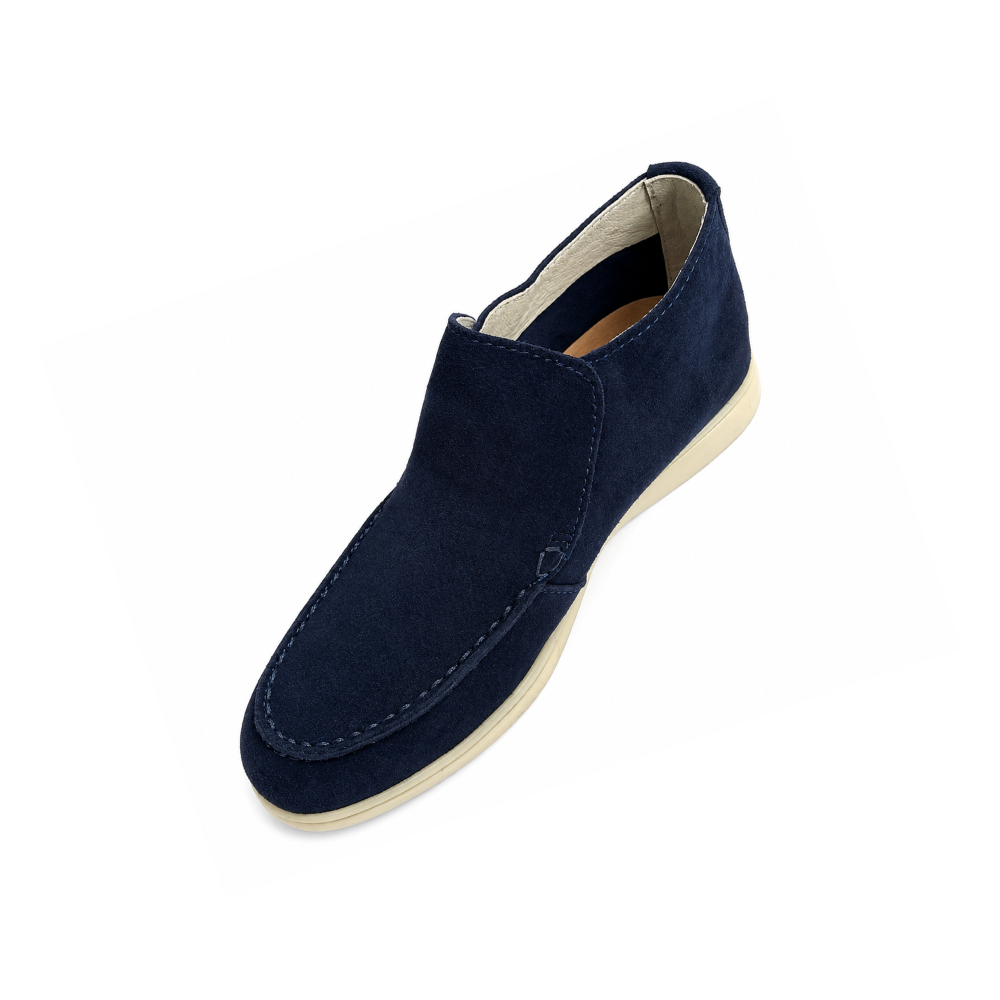 Navy blue suede loafer shoe on a white background