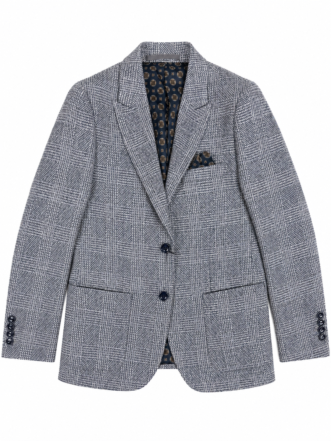 Gray checkered blazer with patterned lining on a white background