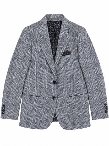 Gray checkered blazer with patterned lining on a white background