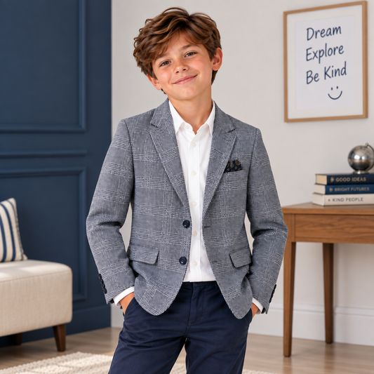 Boys’ Navy Woven Tweed Check Blazer