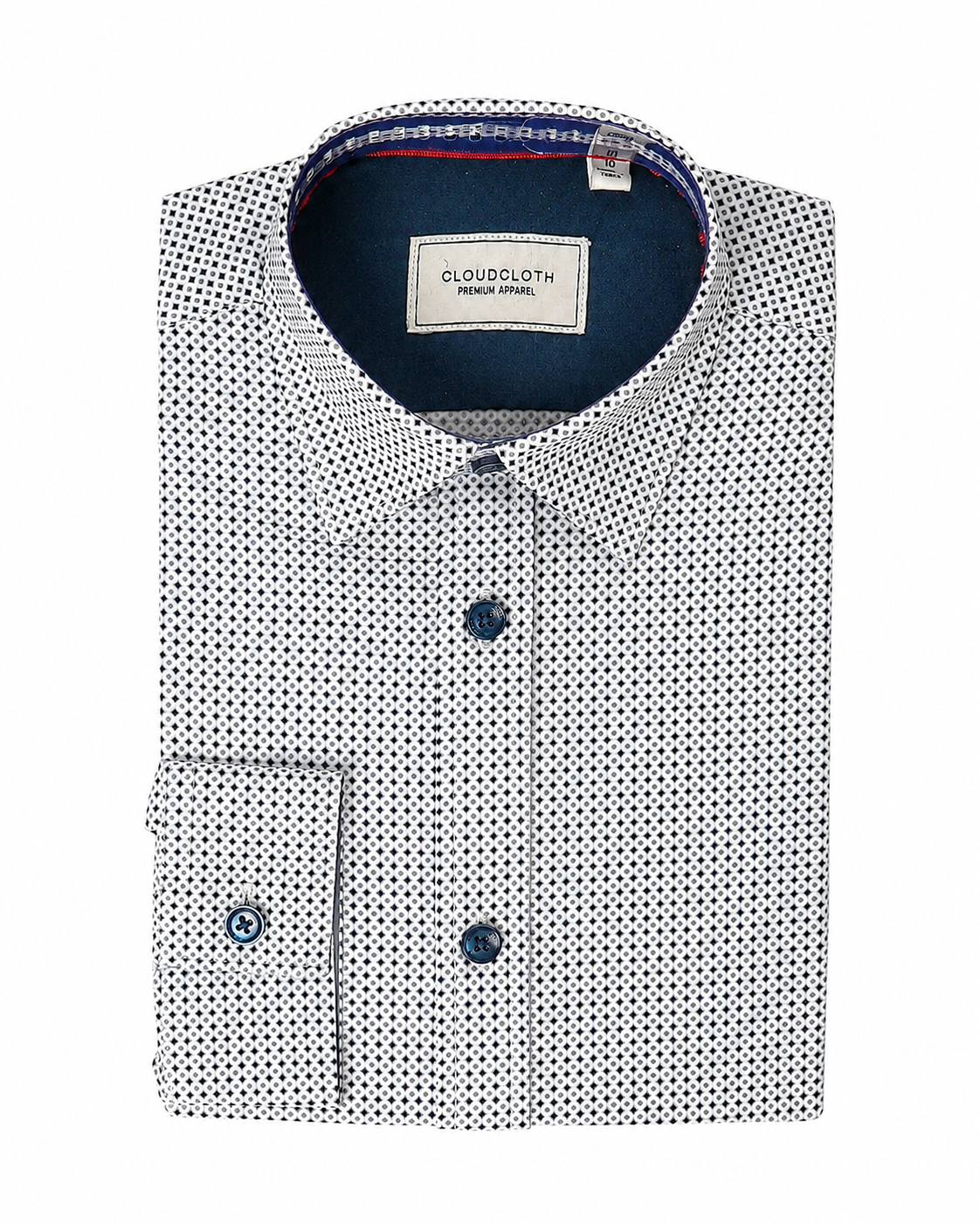 White shirt with black pattern and blue collar on a white background