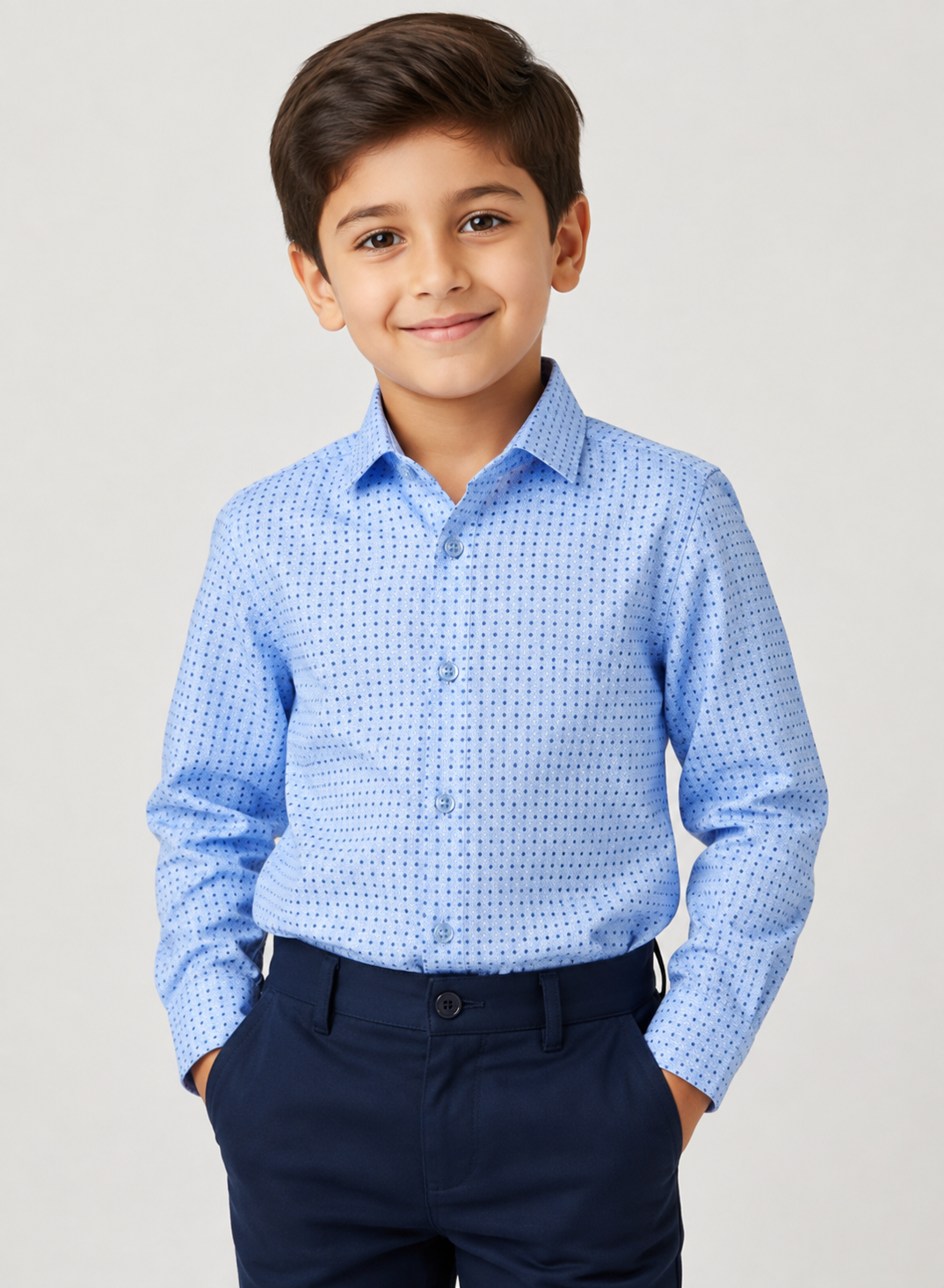 Boys’ Sky Blue Micro-Dot Printed Long Sleeve Dress Shirt