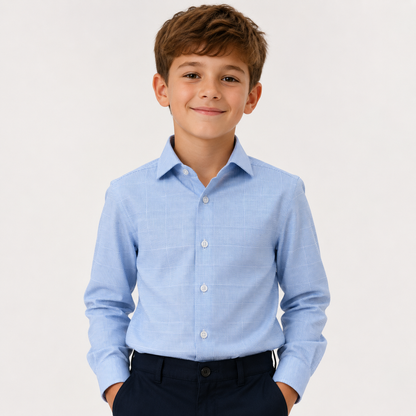 Boys 4-Way Stretch Light Blue Micro Check Dress Shirt