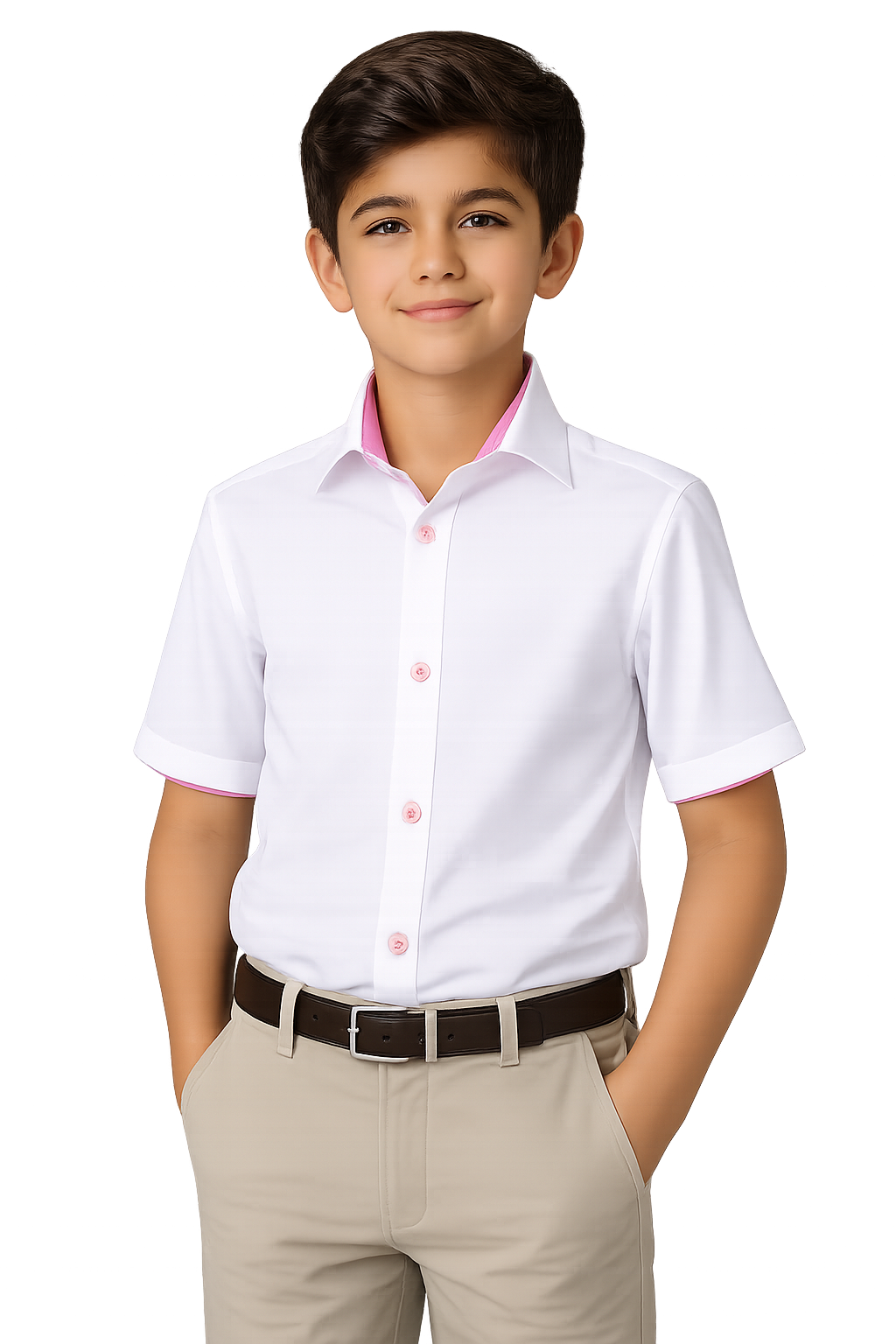 Boys White & Pink Trim 100% Cotton Dress Shirt