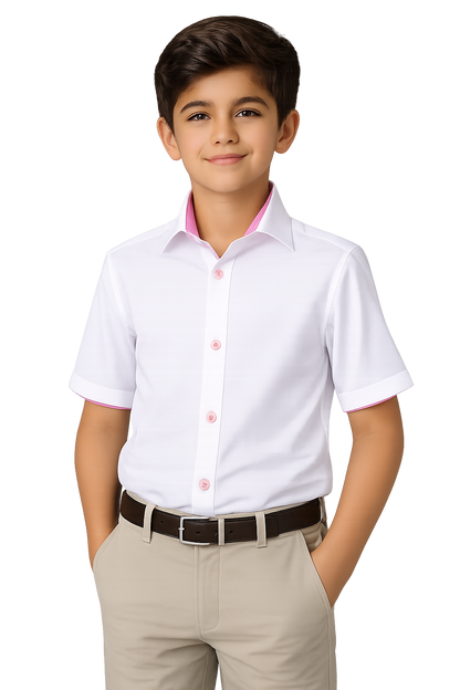 Boys White & Pink Trim 100% Cotton Dress Shirt