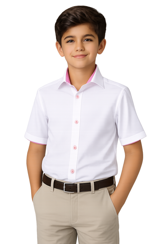 Boys White & Pink Trim 100% Cotton Dress Shirt