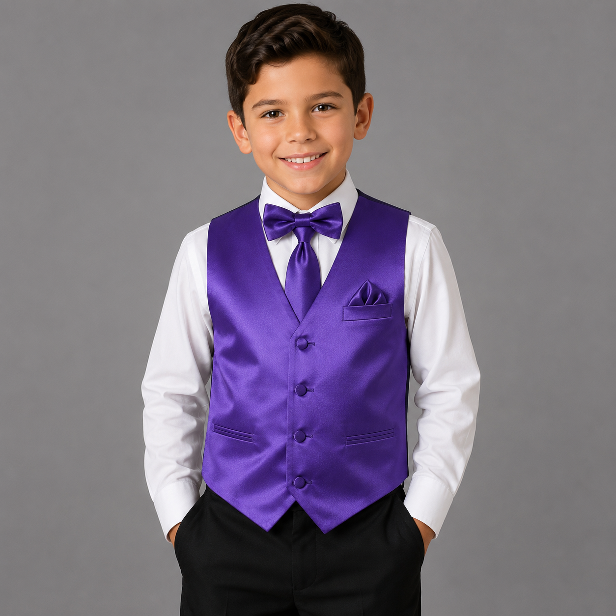 Boys Purple Satin Vest Set – 4-Piece Formal Waistcoat with Matching Tie, Bow Tie & Pocket Square