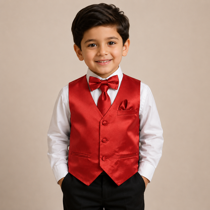 Boys Red Satin Vest Set – 4-Piece Formal Waistcoat Outfit with Bow Tie, Necktie & Pocket Square