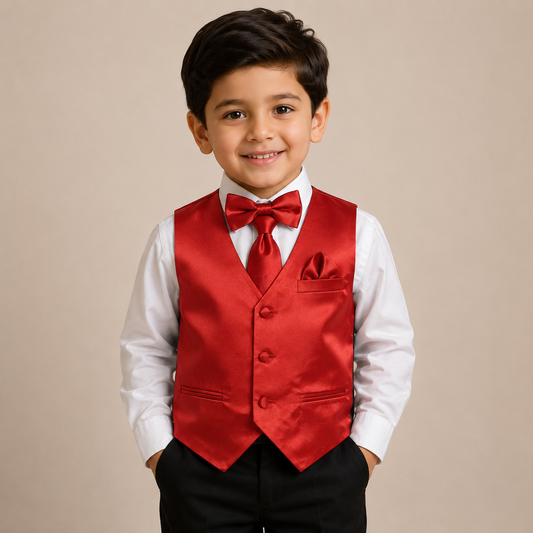 Boys Red Satin Vest Set – 4-Piece Formal Waistcoat Outfit with Bow Tie, Necktie & Pocket Square