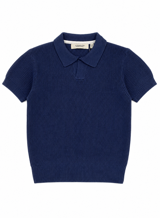 Men's Waffle Knit Polo Sweater Shirt – Navy Blue
