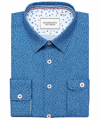Boys Blue Micro Dot Print Stretch Dress Shirt