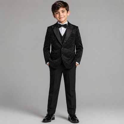 Boys Black Velvet Sparkle Tuxedo Suit Set
