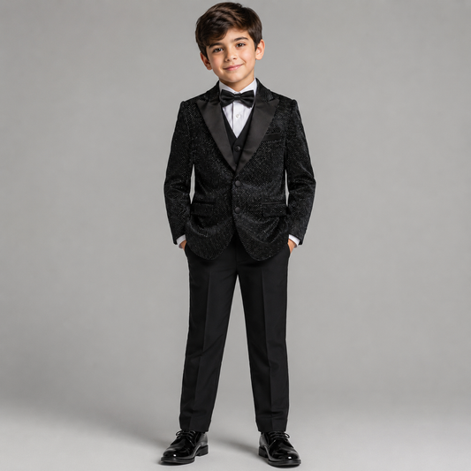 Boys Black Velvet Sparkle Tuxedo Suit Set