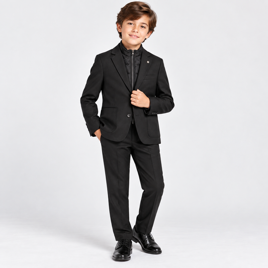 Boys’ 2-Piece Black Suit Set with Zip-Up Mock Layer