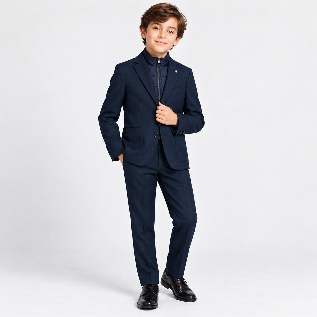 Boys’ 2-Piece Navy Suit Set with Zip-Up Mock Layer