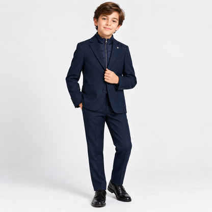 Boys’ 2-Piece Navy Suit Set with Zip-Up Mock Layer