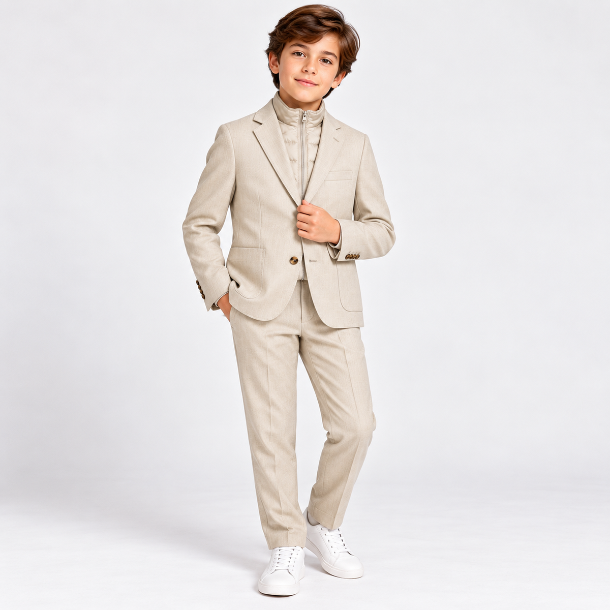 Boys’ 2-Piece Beige Suit Set with Zip-Up Mock Layer