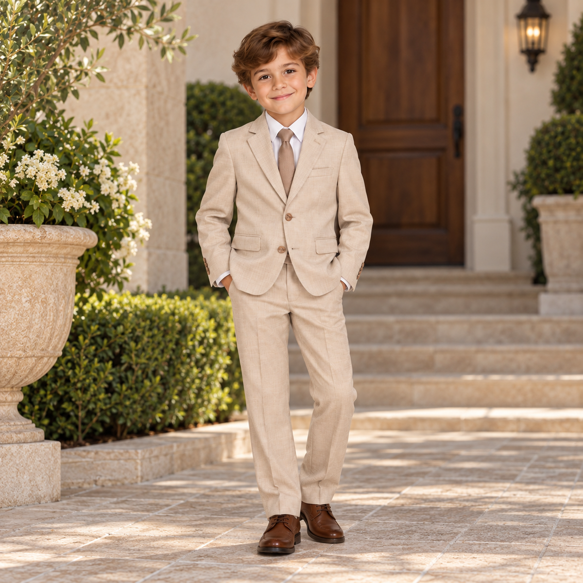 Boy's Sand Chambray Textured 2-Piece Suit