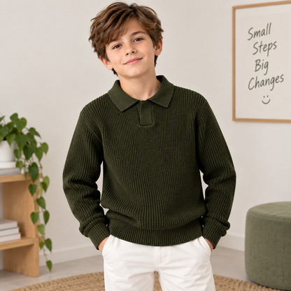 Boys Long Sleeve Knit Waffle Sweater-Green