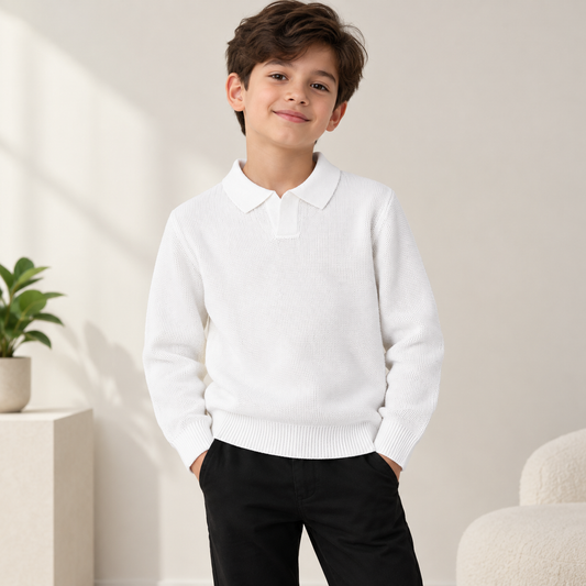 Boys Long Sleeve Knit Waffle Sweater-White