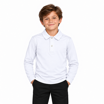 Boys’ Basic Long Sleeve Polo Shirt – White