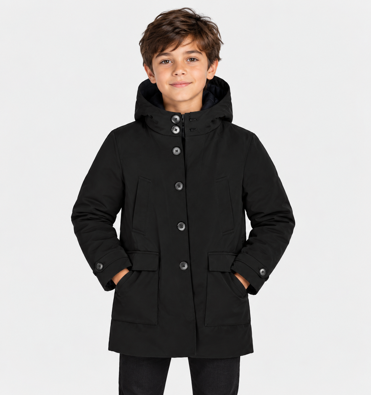 Boys’ Black Hooded Fall Coat – Warm Everyday Jacket