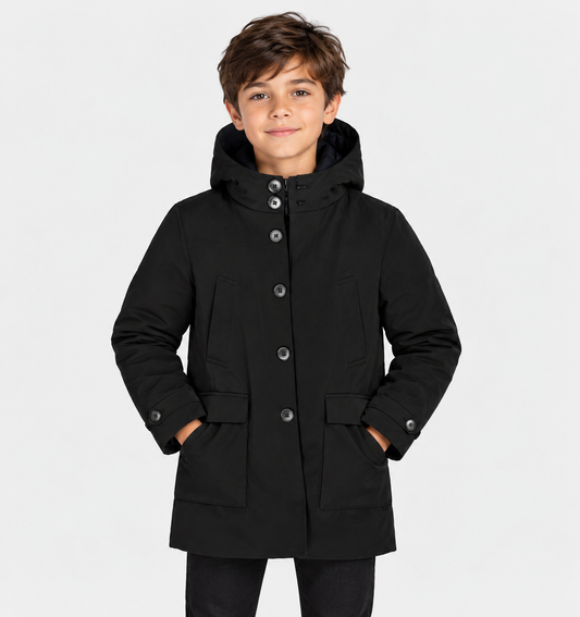 Boys’ Black Hooded Fall Coat – Warm Everyday Jacket