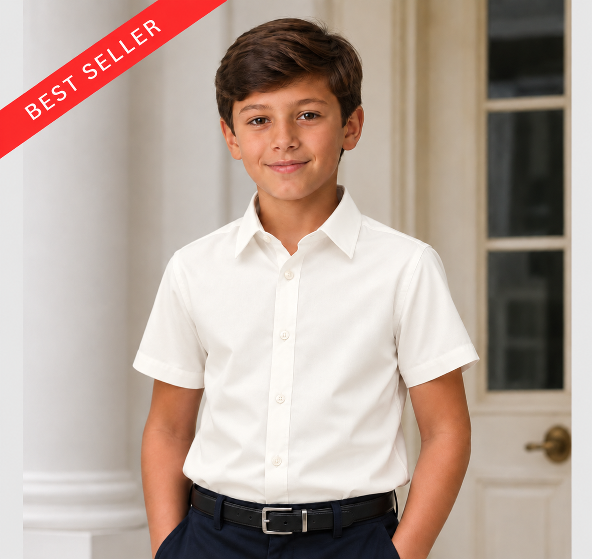 Boy's Premium Cotton Short Sleeve Dress Shirt - Off White
